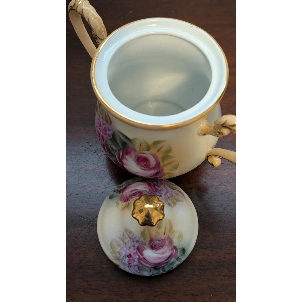 Vintage Rose Porcelain Tea Set Teapot Sugar Bowl Cups Cottagecore Floral Gold